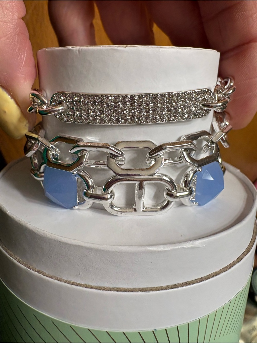 Silver Chain Bracelet Trio with Blue Gem Accents